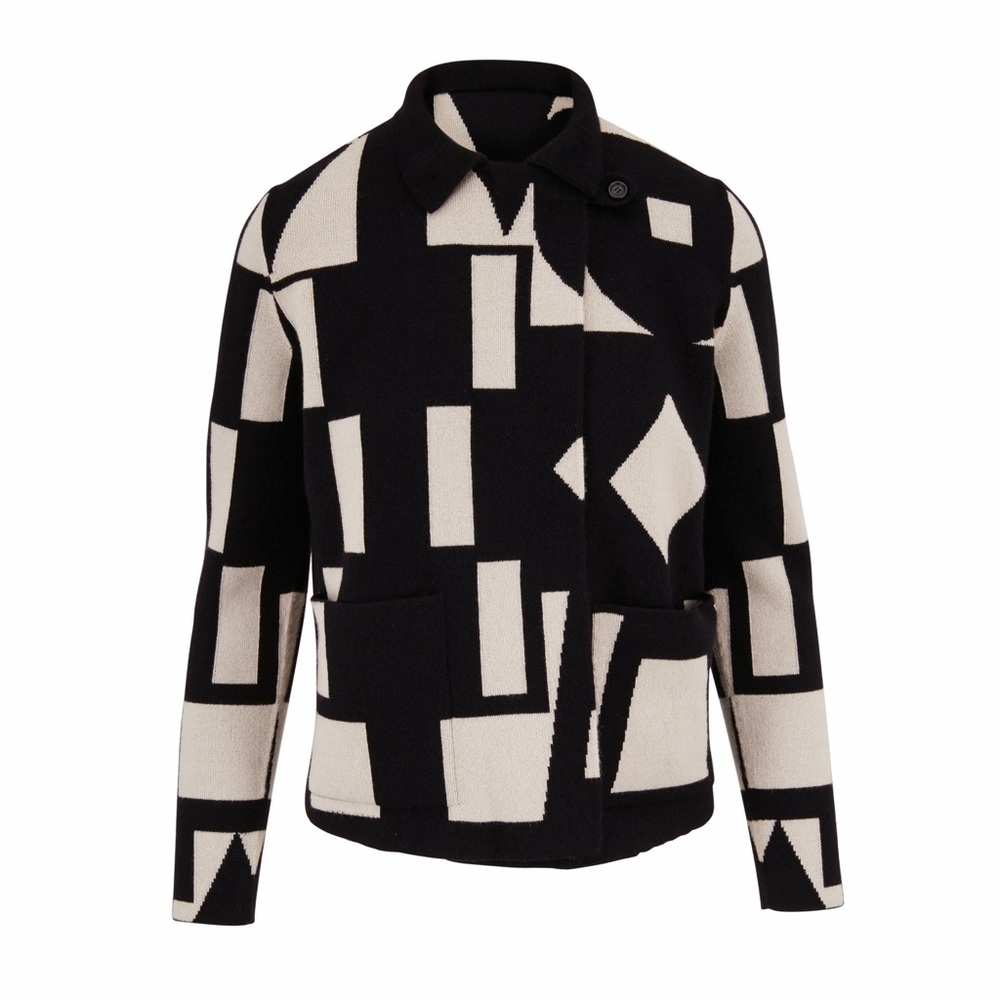 Akris Kaleidoscope Print Cashmere Cardigan Sweater Black Ivory Geometric 10